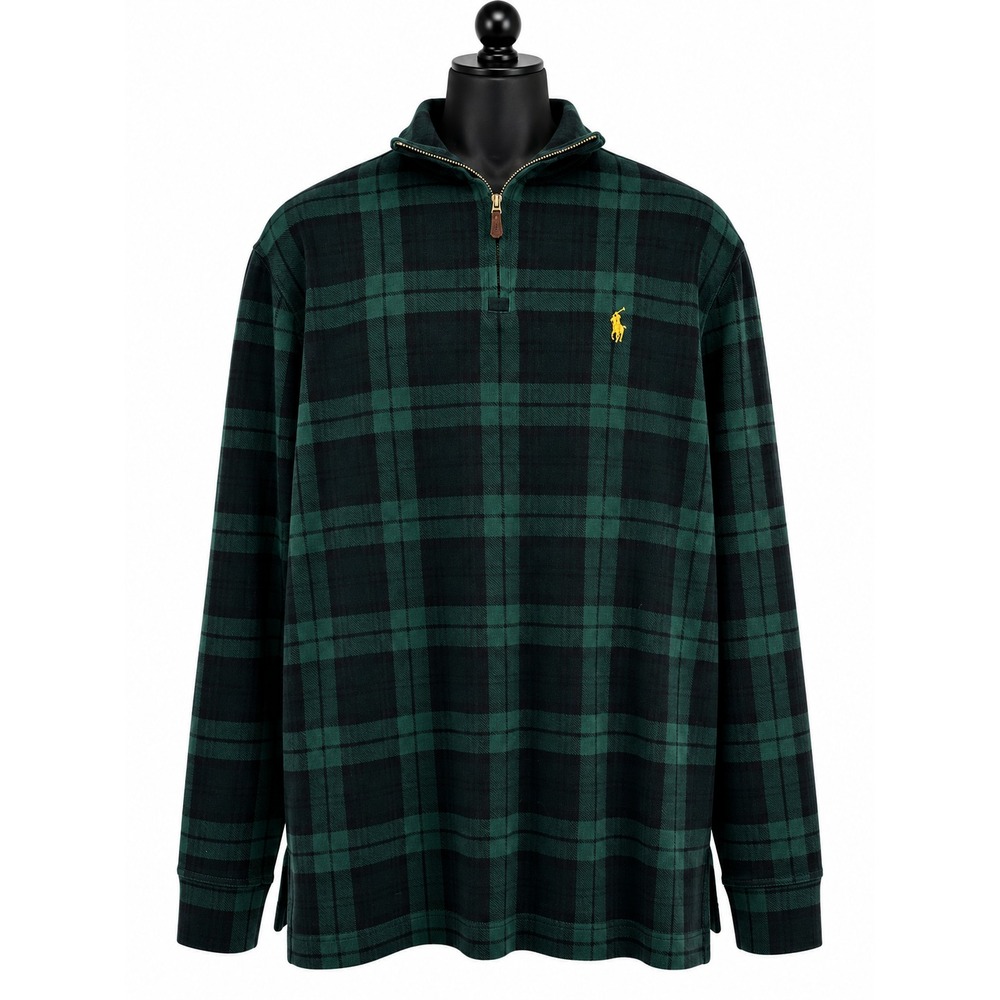 Polo Ralph Lauren Mens Large Blackwatch Plaid Estate Rib Quarter Zip Pullover